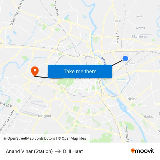 Anand Vihar (Station) to Dilli Haat map