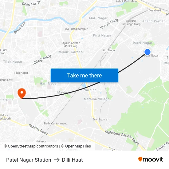 Patel Nagar Station to Dilli Haat map