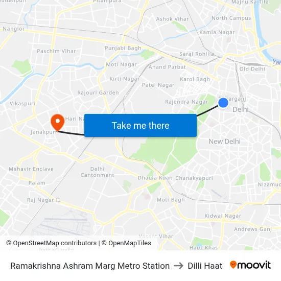 Ramakrishna Ashram Marg Metro Station to Dilli Haat map
