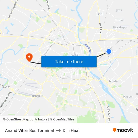 Anand Vihar Bus Terminal to Dilli Haat map