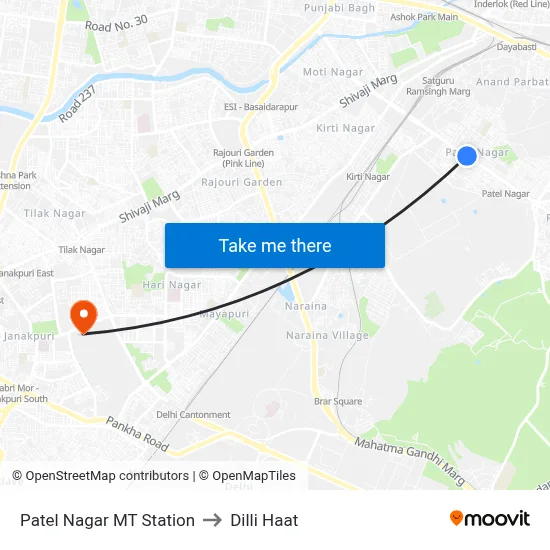 Patel Nagar MT Station to Dilli Haat map