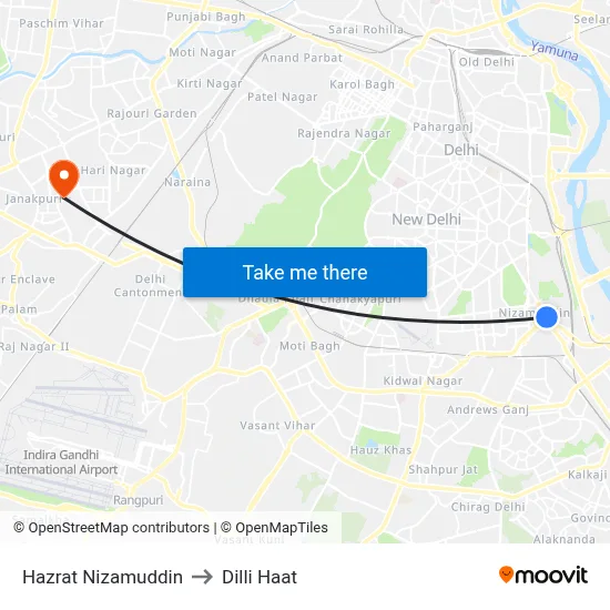 Hazrat Nizamuddin to Dilli Haat map