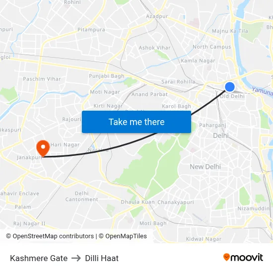 Kashmere Gate to Dilli Haat map