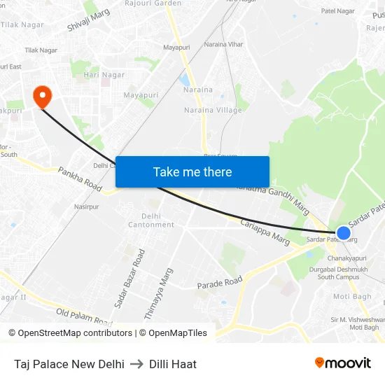 Taj Palace New Delhi to Dilli Haat map