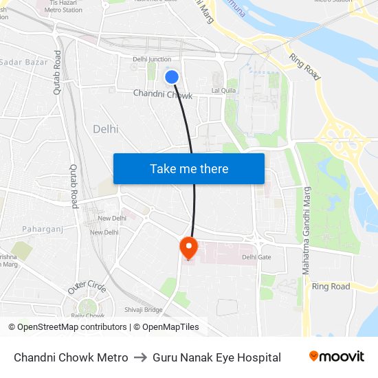 Chandni Chowk Metro to Guru Nanak Eye Hospital map