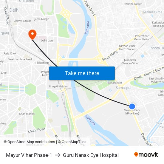 Mayur Vihar Phase-1 to Guru Nanak Eye Hospital map