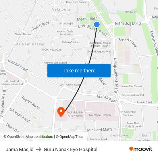 Jama Masjid to Guru Nanak Eye Hospital map