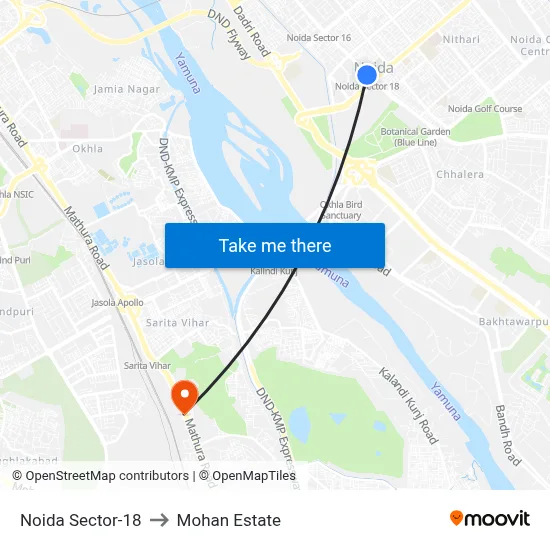 Noida Sector-18 to Mohan Estate map