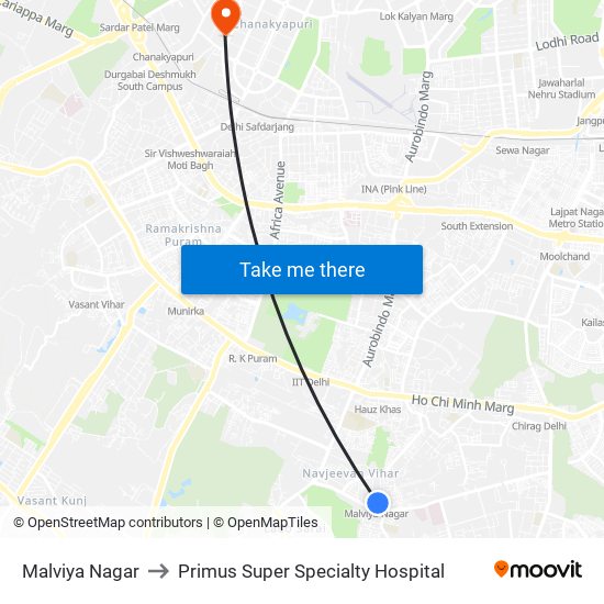 Malviya Nagar to Primus Super Specialty Hospital map