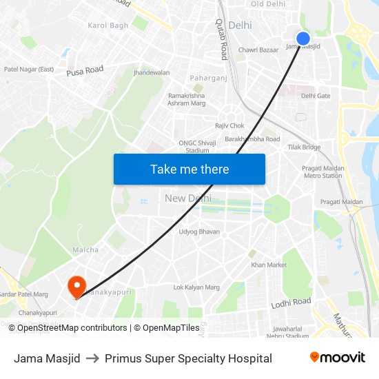 Jama Masjid to Primus Super Specialty Hospital map