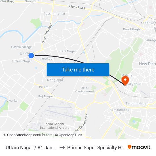 Uttam Nagar / A1 Janak Puri to Primus Super Specialty Hospital map