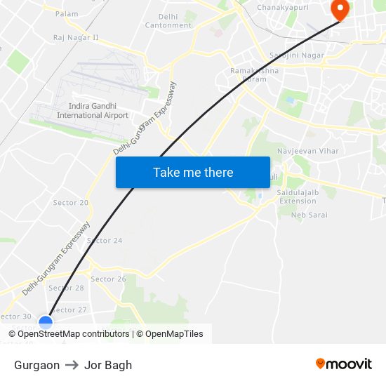 Gurgaon to Jor Bagh map