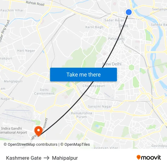 Kashmere Gate to Mahipalpur map