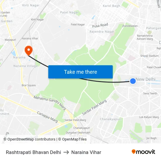Rashtrapati Bhavan Delhi to Naraina Vihar map