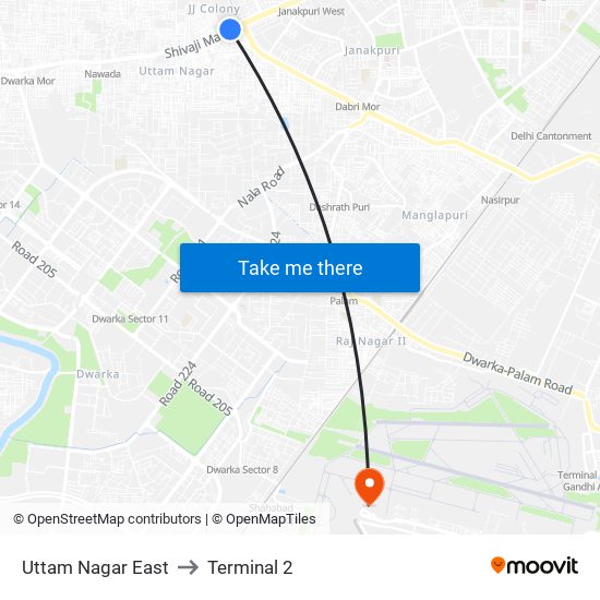 Uttam Nagar East to Terminal 2 map