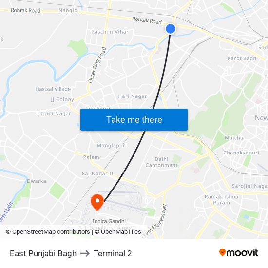 East Punjabi Bagh to Terminal 2 map