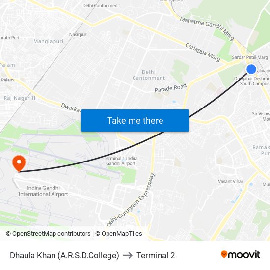 Dhaula Khan (A.R.S.D.College) to Terminal 2 map