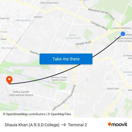 Dhaula Khan (A.R.S.D.College) to Terminal 2 map