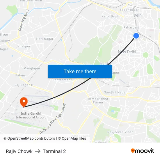 Rajiv Chowk to Terminal 2 map