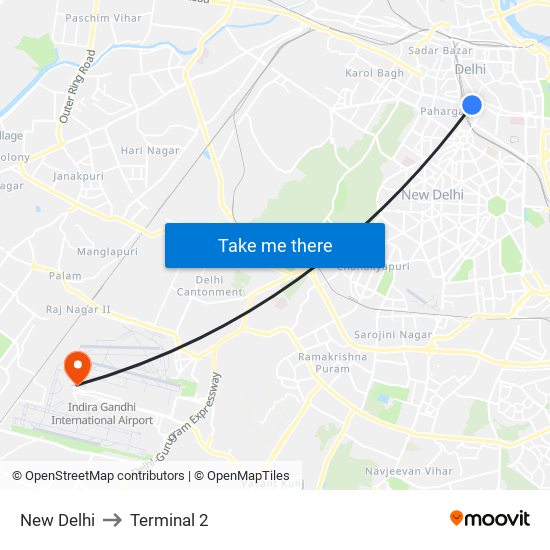 New Delhi to Terminal 2 map
