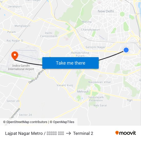 Lajpat Nagar Metro / लाजपत नगर to Terminal 2 map