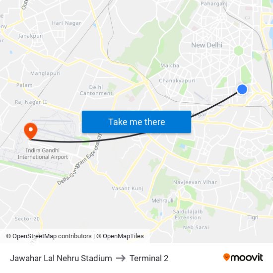 Jawahar Lal Nehru Stadium to Terminal 2 map