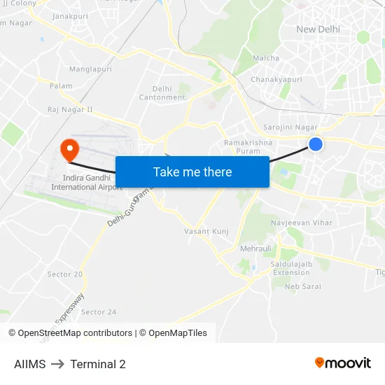 AIIMS to Terminal 2 map