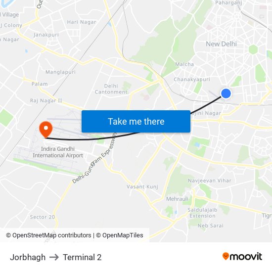 Jorbhagh to Terminal 2 map