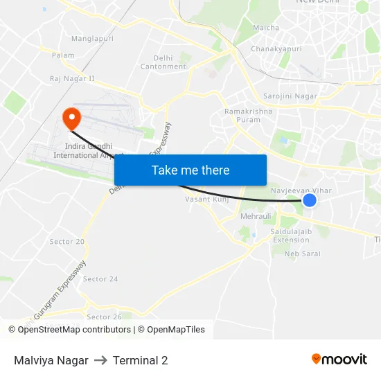 Malviya Nagar to Terminal 2 map