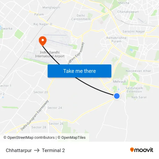 Chhattarpur to Terminal 2 map