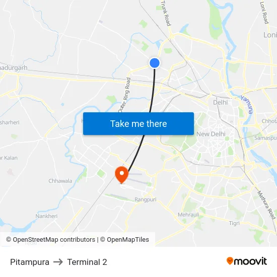 Pitampura to Terminal 2 map