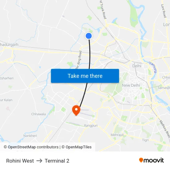 Rohini West to Terminal 2 map