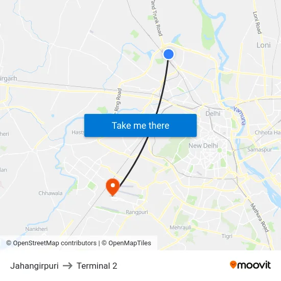 Jahangirpuri to Terminal 2 map