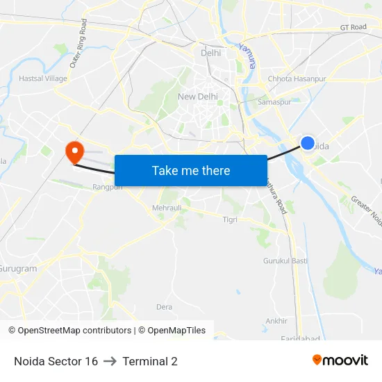 Noida Sector 16 to Terminal 2 map