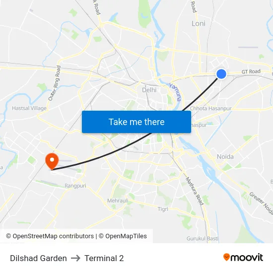 Dilshad Garden to Terminal 2 map