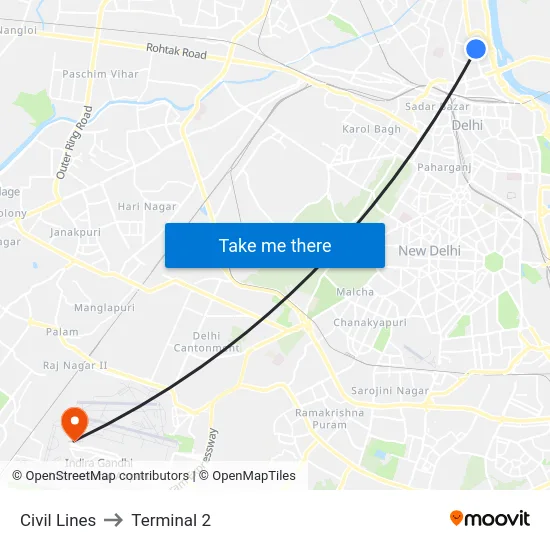 Civil Lines to Terminal 2 map
