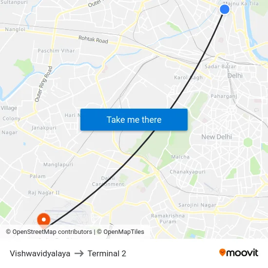 Vishwavidyalaya to Terminal 2 map