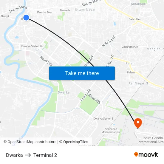 Dwarka to Terminal 2 map