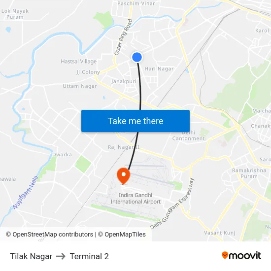 Tilak Nagar to Terminal 2 map
