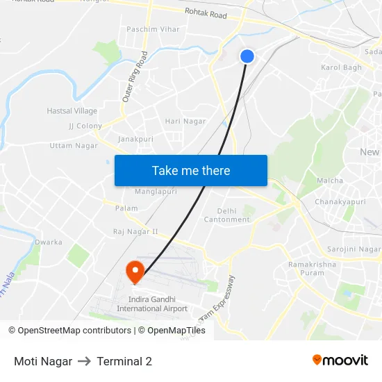 Moti Nagar to Terminal 2 map