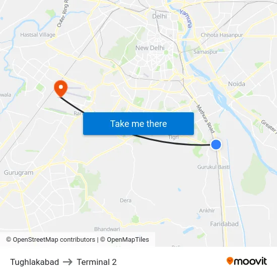 Tughlakabad to Terminal 2 map