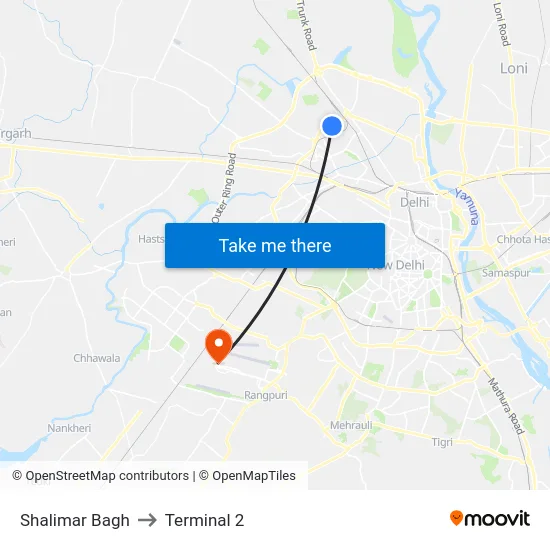 Shalimar Bagh to Terminal 2 map