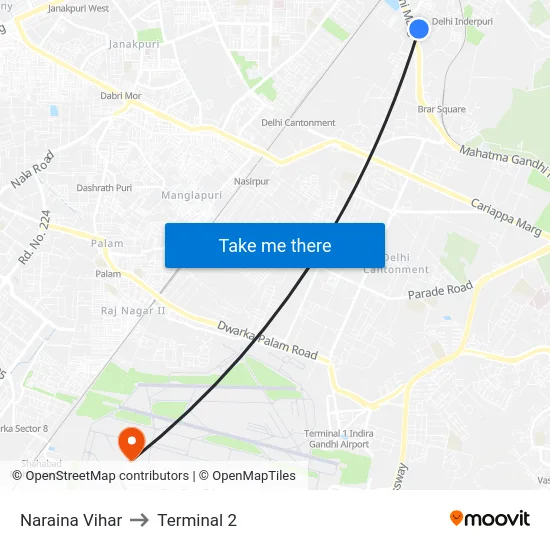 Naraina Vihar to Terminal 2 map