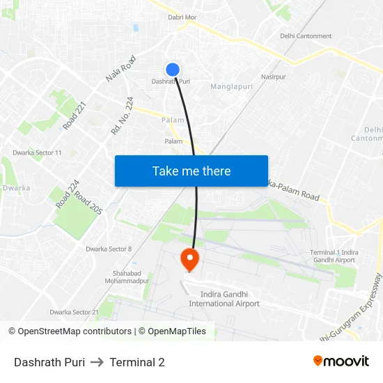 Dashrath Puri to Terminal 2 map