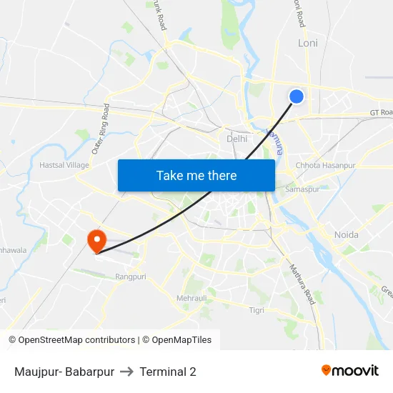 Maujpur- Babarpur to Terminal 2 map