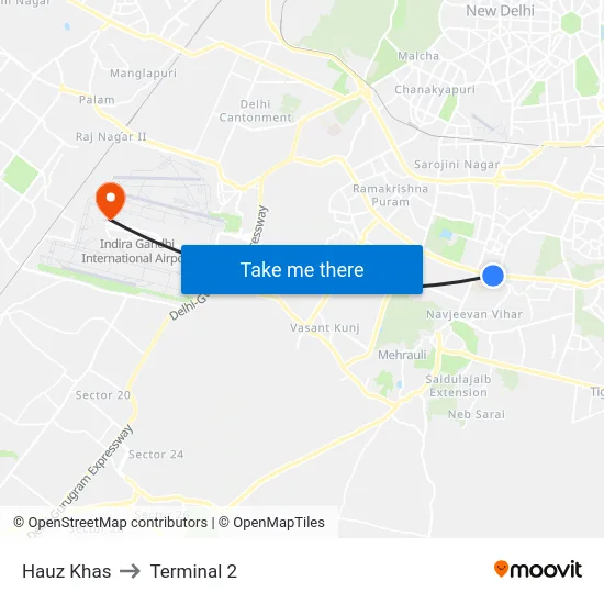 Hauz Khas to Terminal 2 map