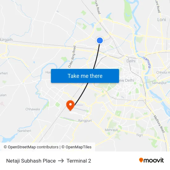 Netaji Subhash Place to Terminal 2 map