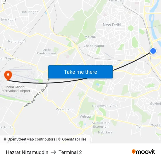 Hazrat Nizamuddin to Terminal 2 map
