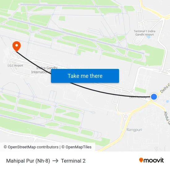 Mahipal Pur (Nh-8) to Terminal 2 map