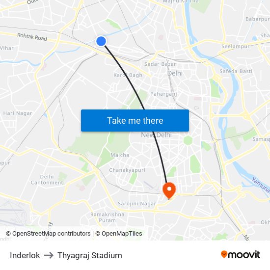 Inderlok to Thyagraj Stadium map